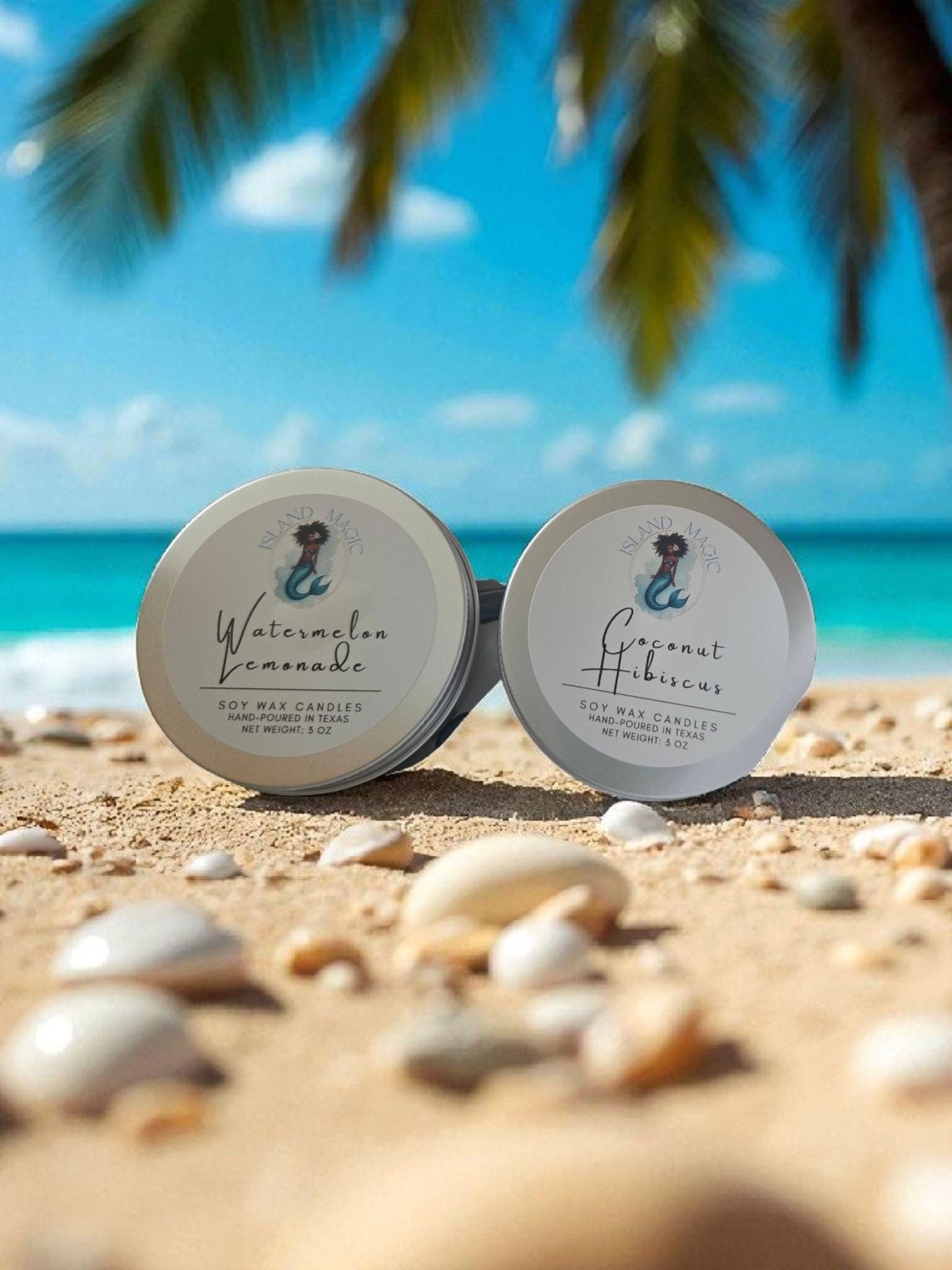 Island Magic Soy Candle – Tropical Scented Travel Tin – Watermelon Lemonade or Coconut Hibiscus – Hand-Poured 5 oz Soy Wax Candle – Gift