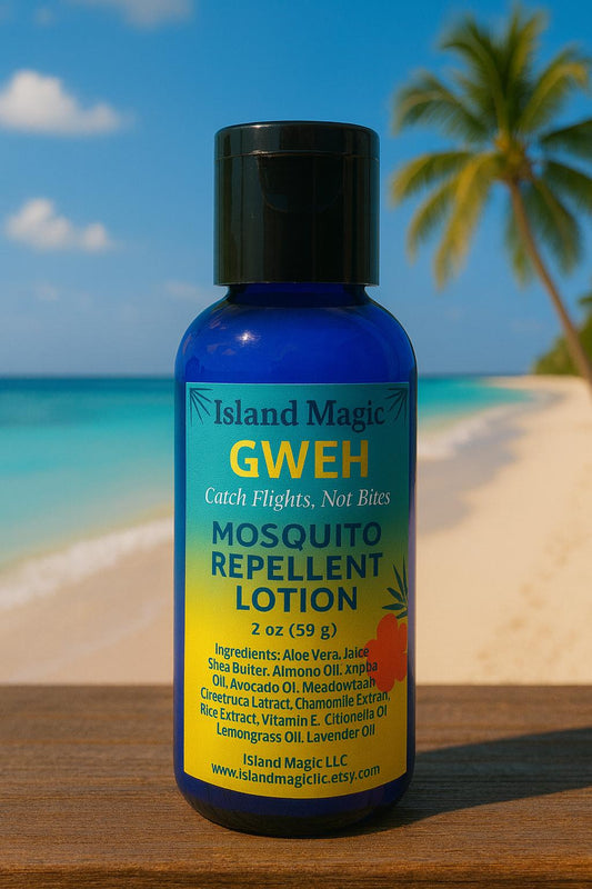 Island Magic Gweh Mosquito Repellent Lotion -2oz Travel Size-Moisturizing Shea, Aloe-Deet Free -Natural Citronella Lemongrass Body Lotion