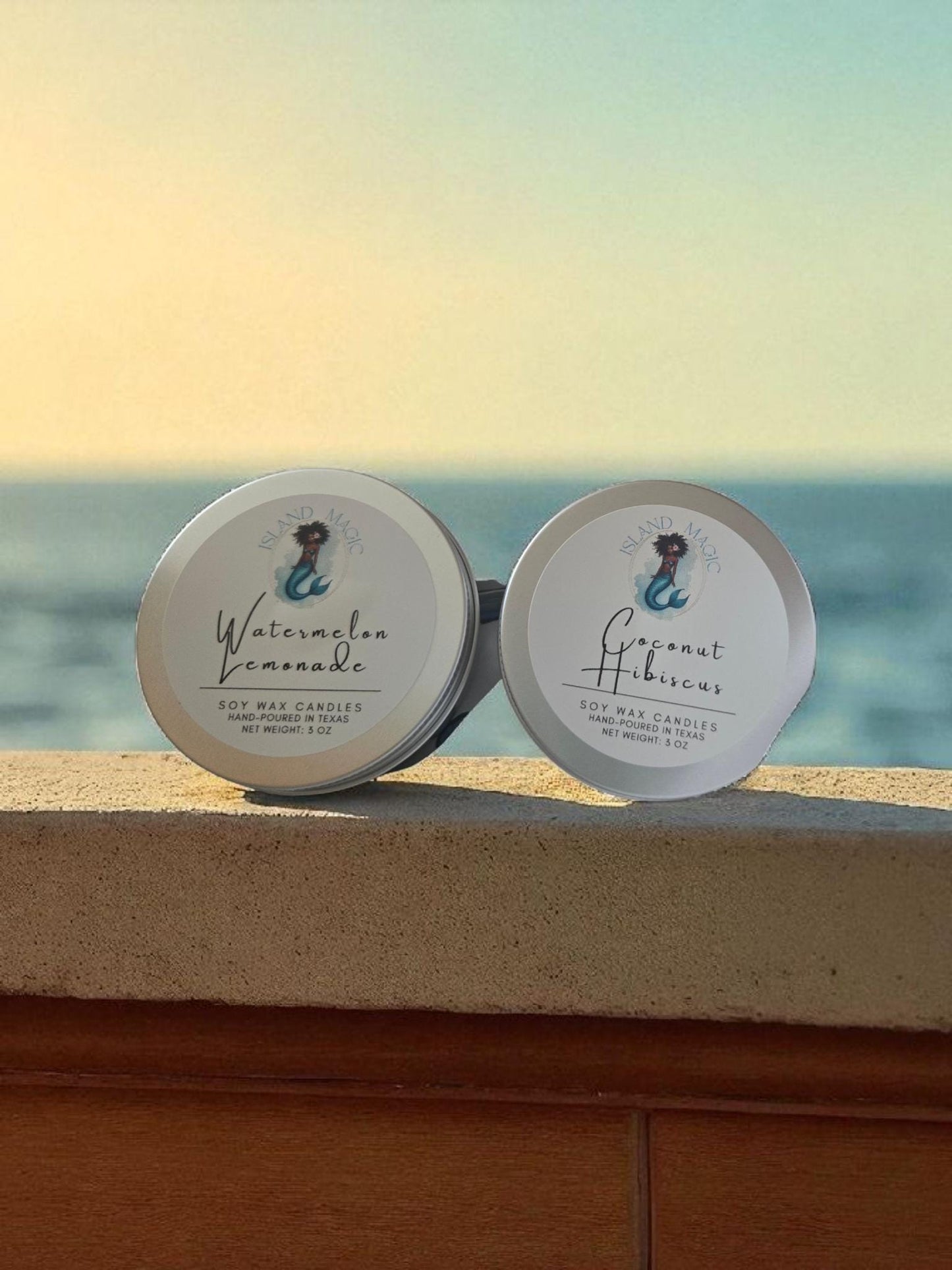 Island Magic Soy Candle – Tropical Scented Travel Tin – Watermelon Lemonade or Coconut Hibiscus – Hand-Poured 5 oz Soy Wax Candle – Gift