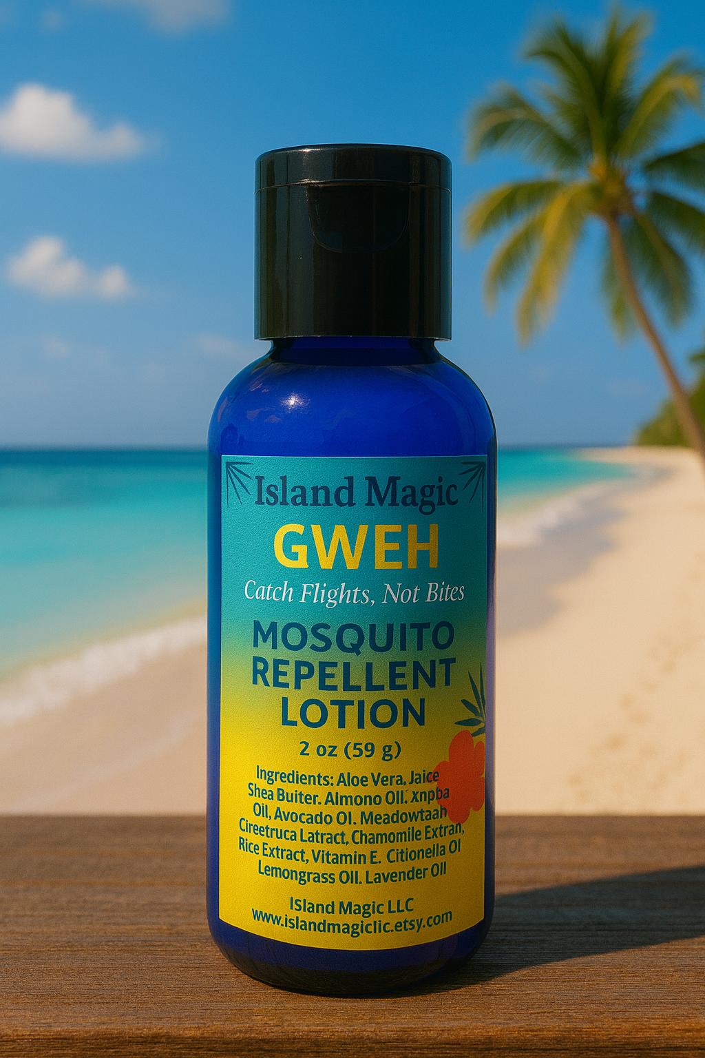 Island Magic Gweh Mosquito Repellent Lotion -2oz Travel Size-Moisturizing Shea, Aloe-Deet Free -Natural Citronella Lemongrass Body Lotion